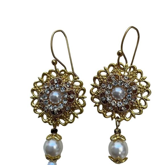 Fashion Earrings Goldtone Dangle Pierced Beaded Crystal - Picture 3 of 5